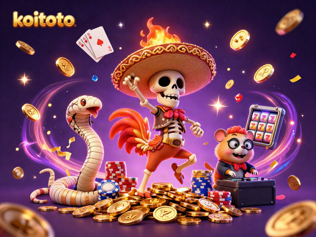 Koitoto features a festive 3D illustration dancing with coins, cards, and vibrant casino elements.