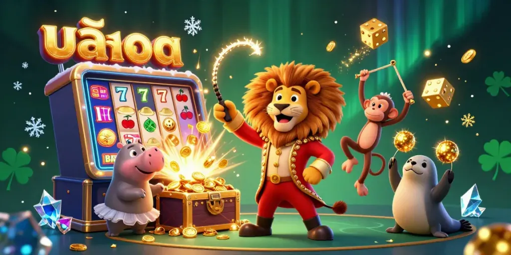 Experience vibrant สล็อต action with a 3D circus-themed scene featuring whimsical characters and dynamic casino elements.