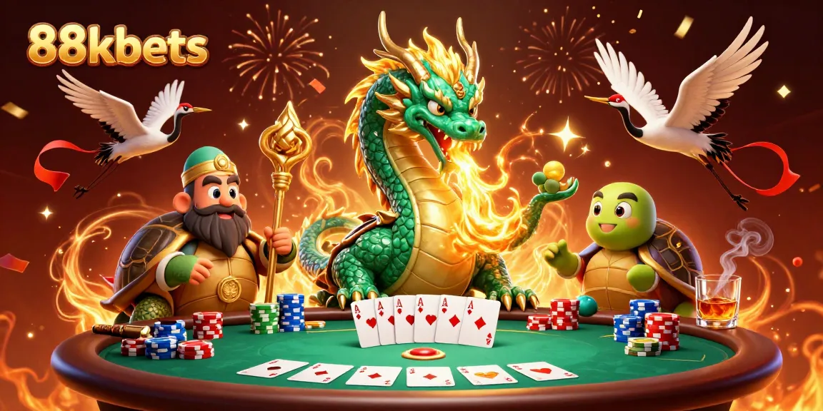 88kbets showcases a mythical dragon, wise turtle, and lucky cranes in a vibrant casino setting.