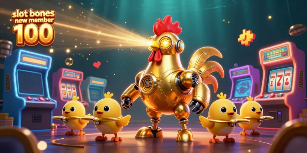Engage with the exciting slot bonus new member 100 featuring a golden robot character and baby chick drones amidst vibrant game elements.