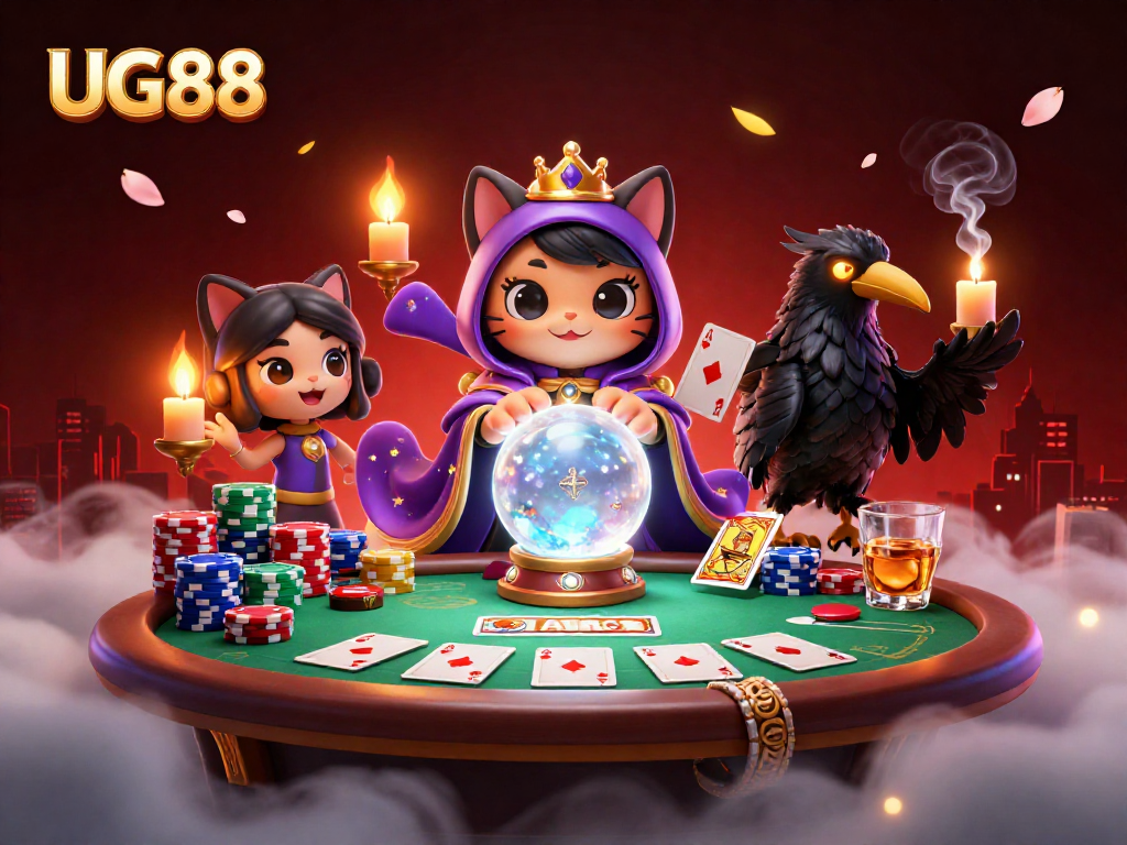 Engage in strategic gameplay with UG88, featuring vibrant casino elements and mystical characters.