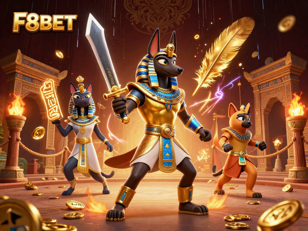 Experience the excitement of F8BET with a dynamic casino scene featuring Anubis and Bastet.