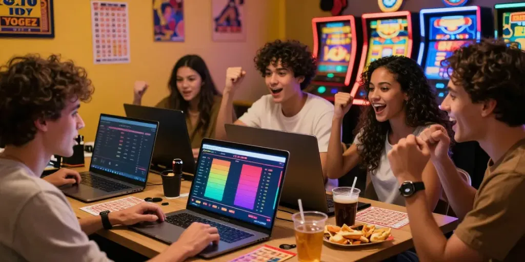 Friends strategizing for toto togel in a warm, inviting online gaming room with vibrant decor.
