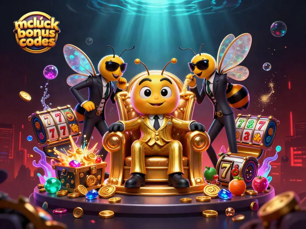 Engage with mcluck casino bonus codes amidst a vibrant 3D casino scene featuring a bumblebee mob boss and slot elements.