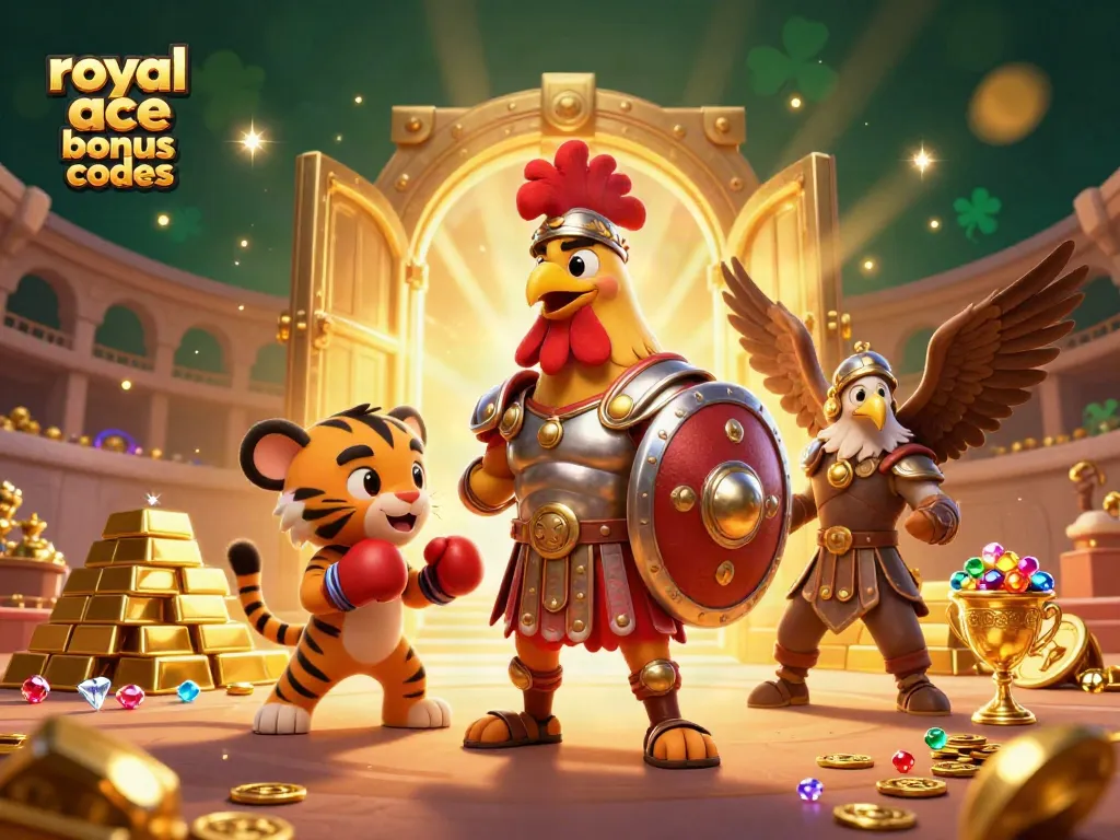 Experience exciting gameplay with royal ace bonus codes in a dynamic 3D casino-themed scene filled with treasures.
