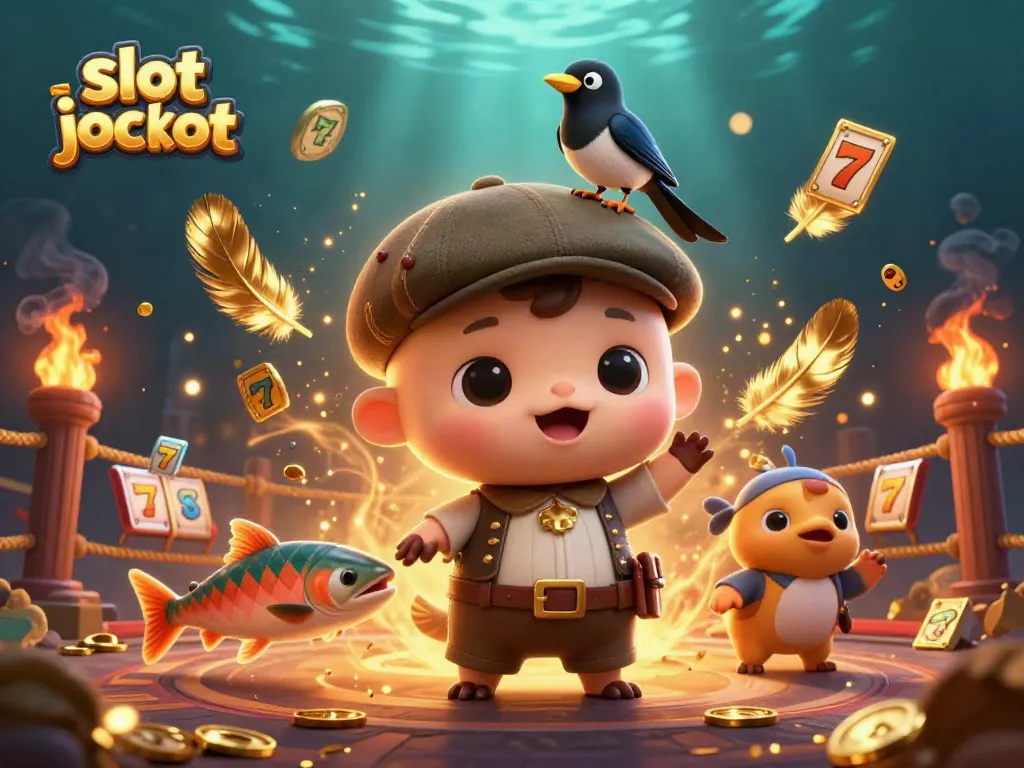 Slot jackpot ditampilkan dengan karakter lucu dan elemen kasino yang memikat di ilustrasi 3D.