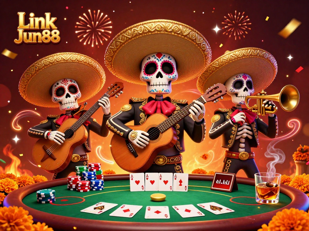 Experience the excitement at Link Jun88 with vibrant 3D mariachi characters celebrating poker and gambling.