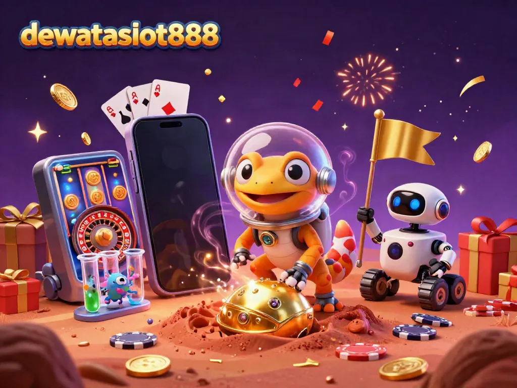 Menghampiri permainan slot dengan dewataslot888, gecko Martian dan robot merayakan kemenangan di kasino yang tersembunyi.