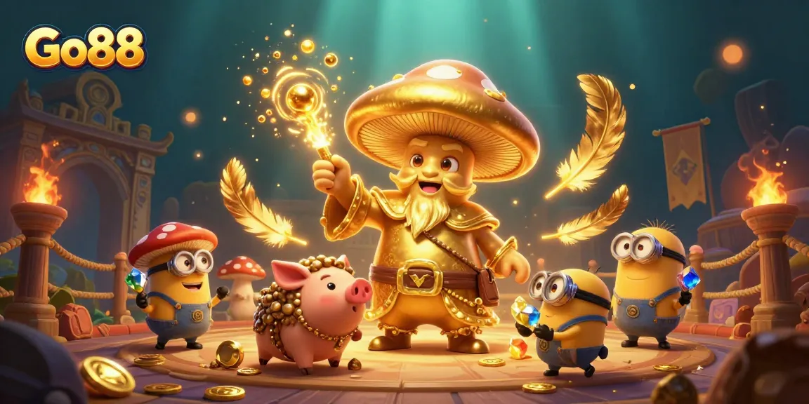 Experience exciting gaming with Go88's adventure visuals featuring a vibrant wizard and treasure.