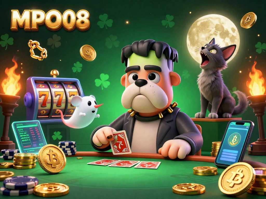 MPO08 engages players in an immersive slot game with a colorful 3D scene featuring exciting characters and crypto elements.