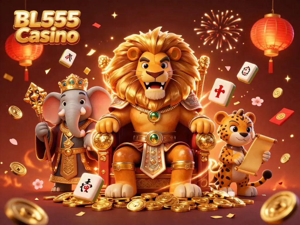 Experience the thrill of BL555 Casino with a vibrant 3D illustration featuring a lion king and festive elements.