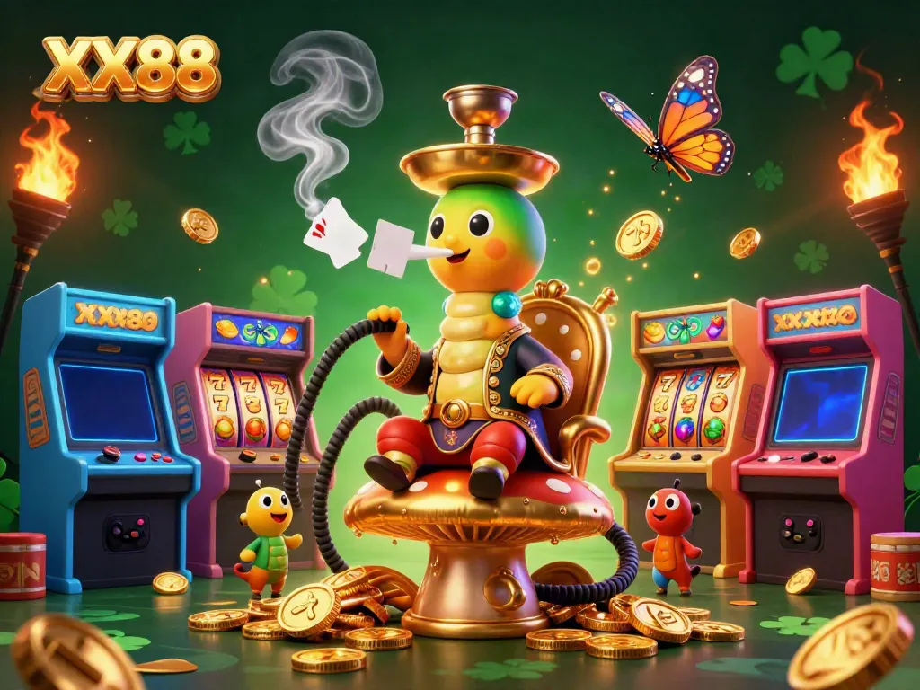 Engage with thrilling XX88 gaming as a 3D caterpillar master channels poker magic in an extravagant casino scene.