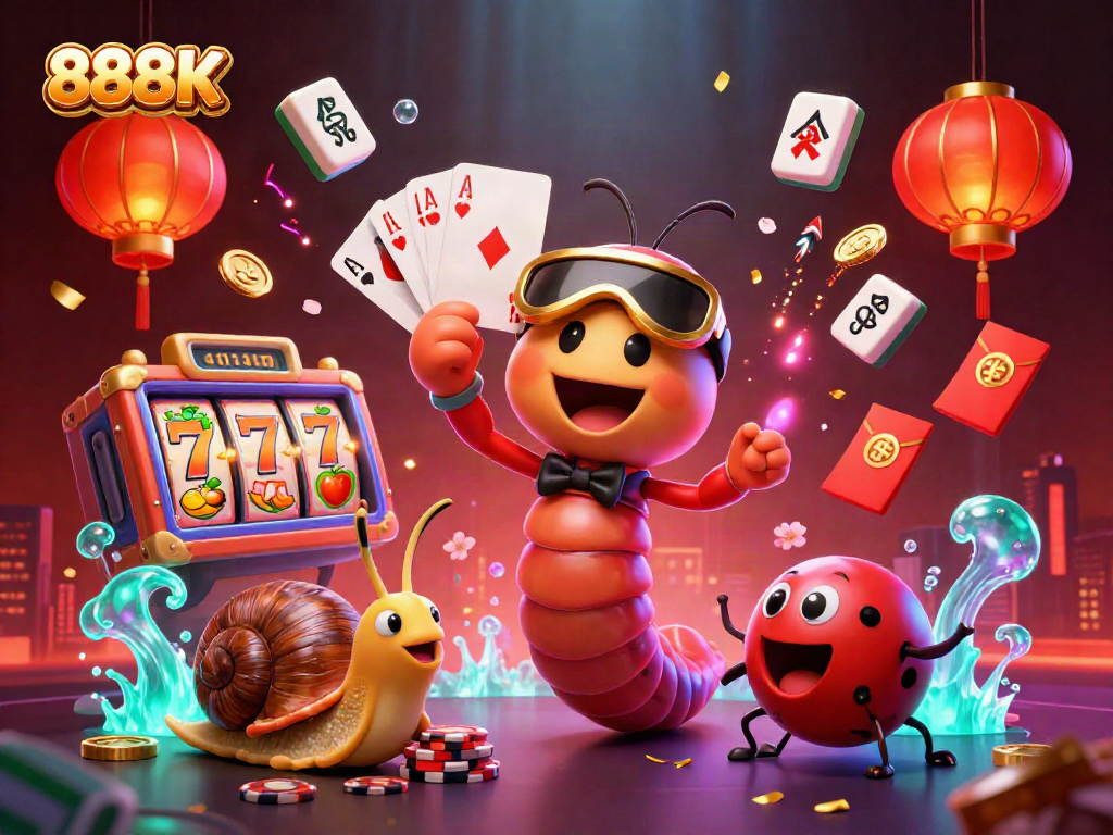 Experience vibrant action at 888K online casino with a 3D dealer fanning cards, illuminating slot symbols.
