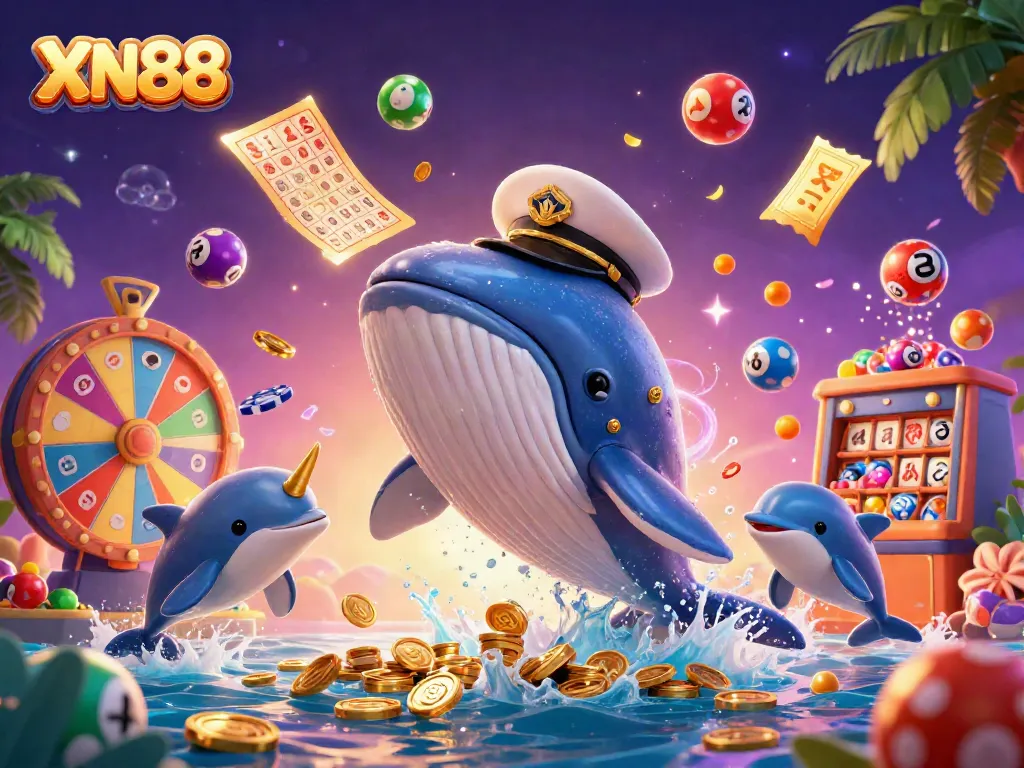 Join the adventure at XN88, featuring a whimsical whale, narwhal, and playful dolphins in a vibrant casino scene.