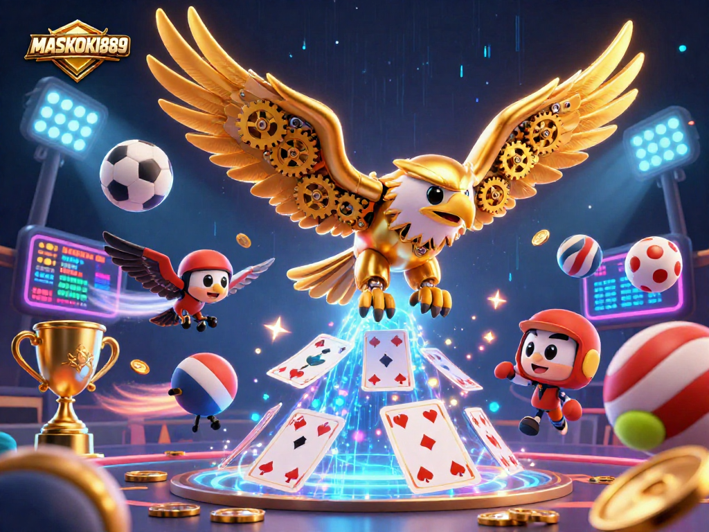 Engage with the exciting features of MASKOKI889 as a golden eagle dives through holographic playing cards and sports elements.