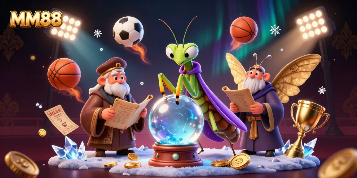 Experience thrilling MM88 gameplay with a unique fantasy illustration of fortune tellers and vibrant sports elements.