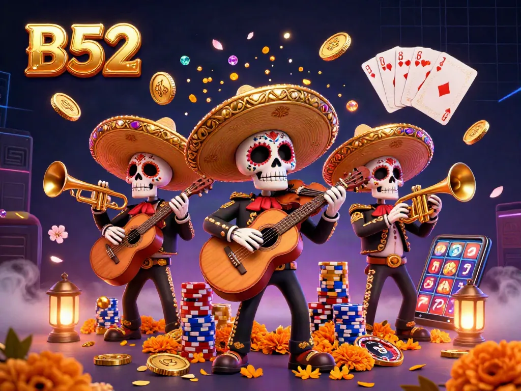 B52 casino adventure featuring a lively mariachi band with cascading coins and slot machine excitement.