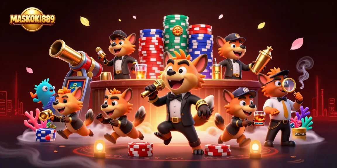 Experience the thrilling fish shooting games at MASKOKI889 with vibrant hyena characters in a lively casino scene.