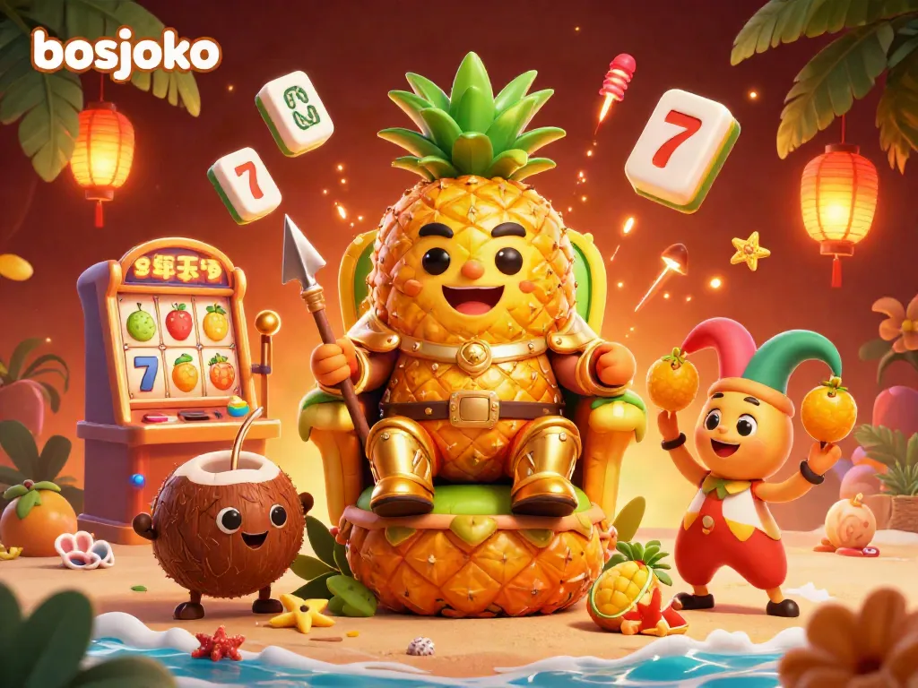 Experience exciting gameplay with bosjoko at the vibrant beach casino featuring our golden pineapple king surrounded by game elements.