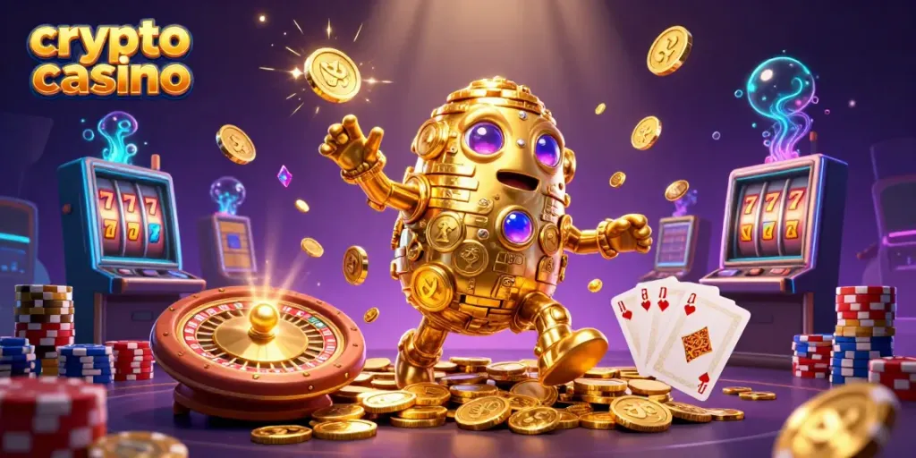 Experience the thrill of a crypto casino with a dynamic 3D golem amidst a flurry of gaming elements.
