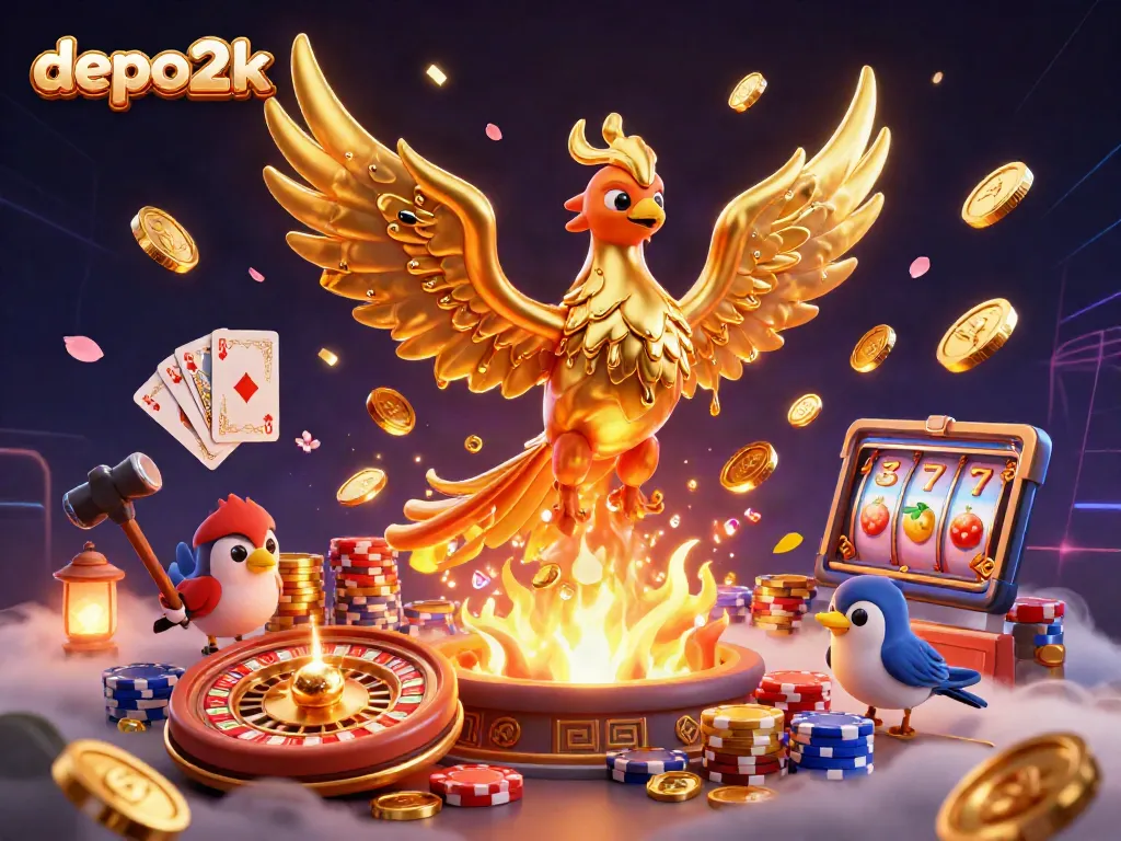 Experience the excitement of depo2k with our 3D illustration of a golden phoenix and casino elements.