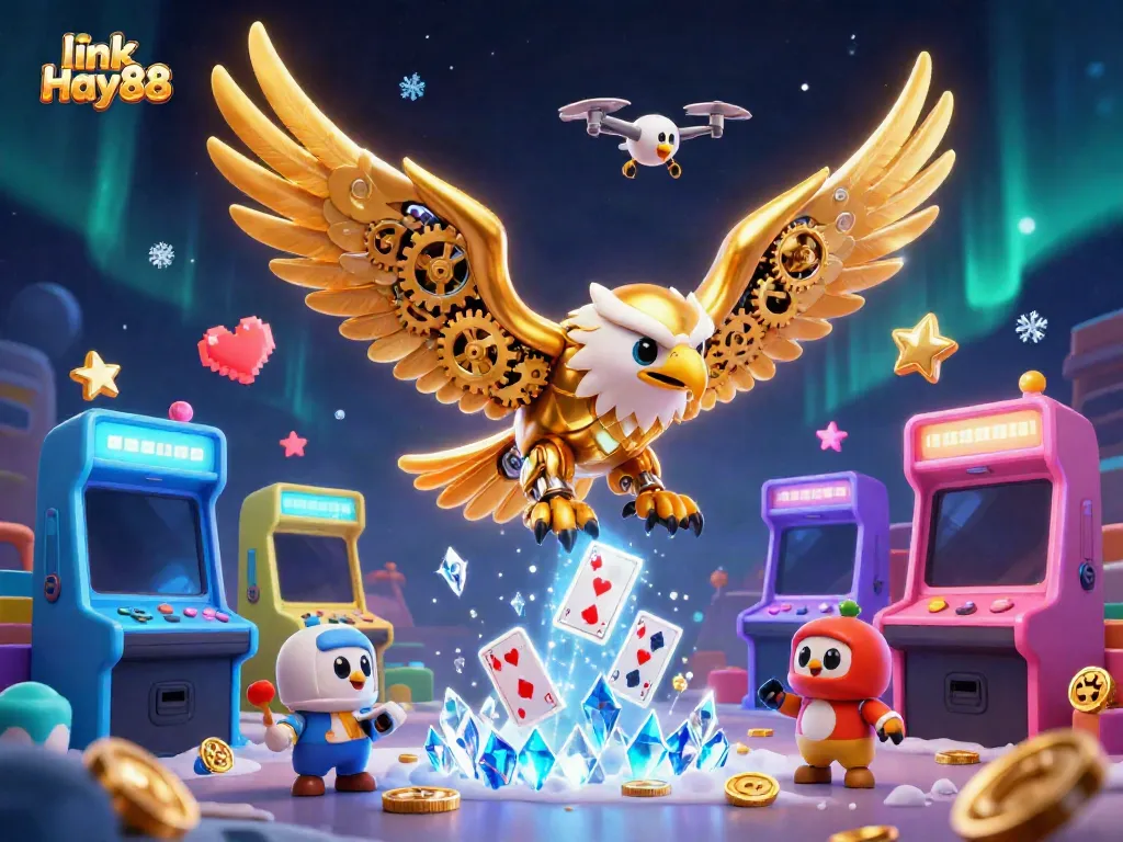 Experience the excitement of link Hay88 with a dynamic scene featuring a cybernetic eagle amidst holographic casino elements.