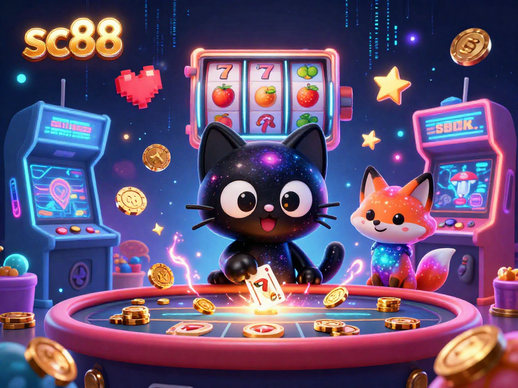 Experience the thrilling sc88 cosmic casino with a gravity-defying cat pulling in golden chips amid vibrant slot symbols.