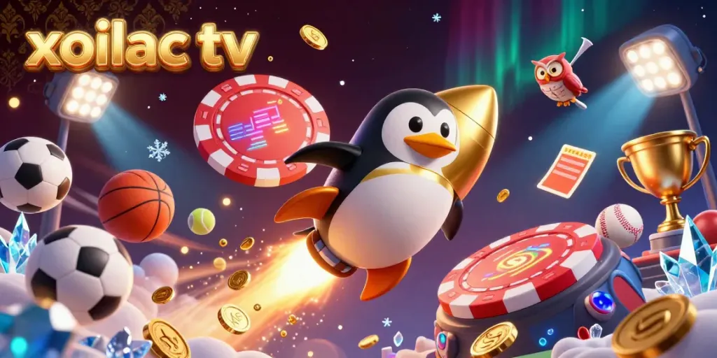 Xoilac TV's vibrant 3D illustration with a golden penguin and dynamic sports elements, showcasing immersive gaming excitement.