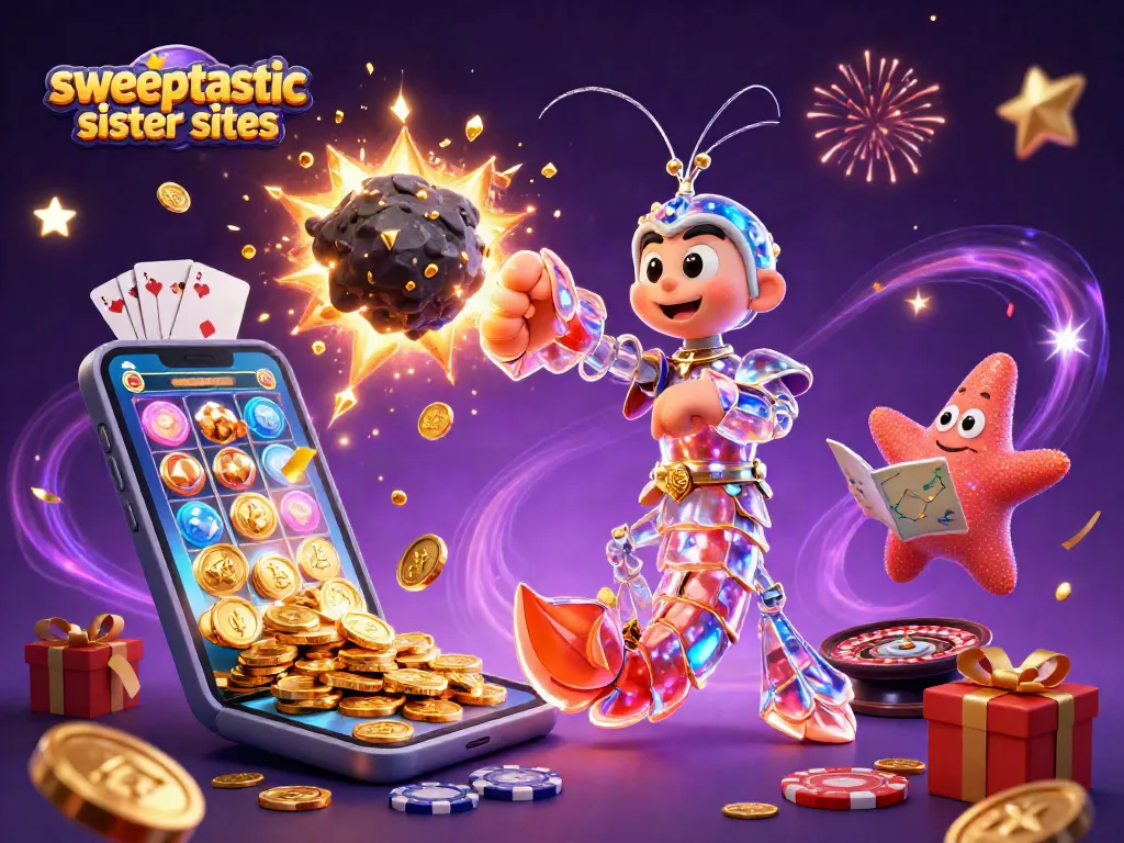 Sweepstakes gaming action with galactic samurai and starfish at sweeptastic sister sites.