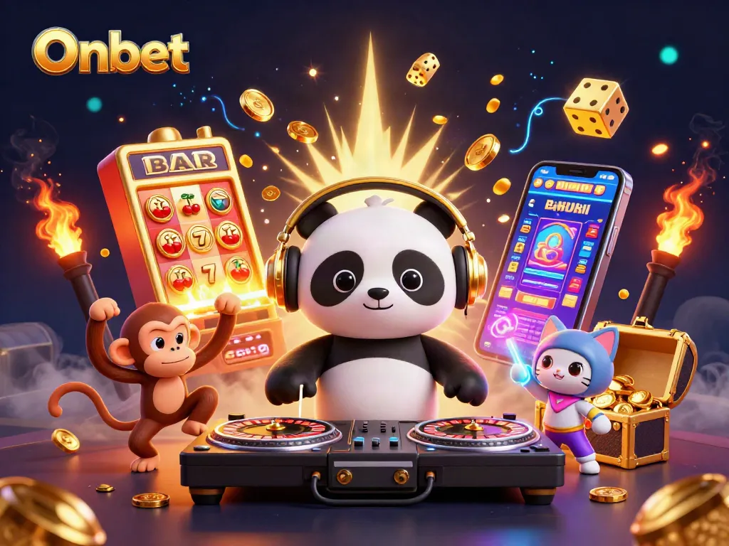 Engage with Onbet's vibrant casino scene featuring DJ panda and breakdancing monkey.