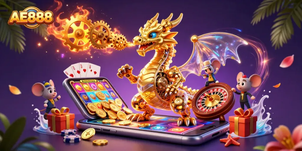 Experience gaming excitement with AE888's vibrant casino elements and dragon character in a rich 3D illustration.