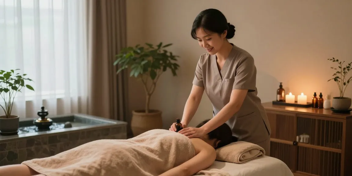 Relaxing 강남출장안마 in serene spa environment with therapist and soothing decor.