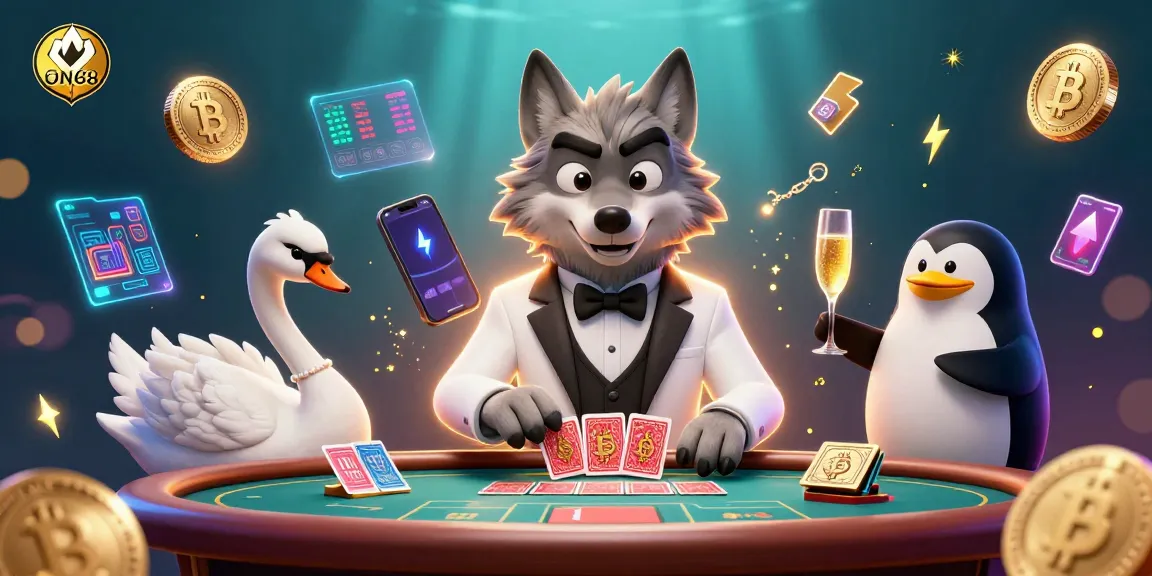 Experience the thrill of ON68 with a vibrant 3D casino scene featuring characters at a baccarat table.