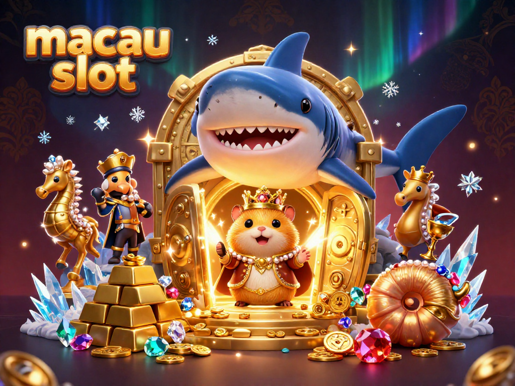 Menangkan permainan macau slot dengan ilustrasi raja hamster emas yang kuat di tahta gigi hiu.