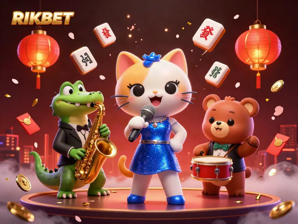 Experience the vibrant energy of RIKBET with an excited scene featuring a jazz-singer cat, a saxophone-playing crocodile, and a drum-playing bear surrounded by casino symbols.