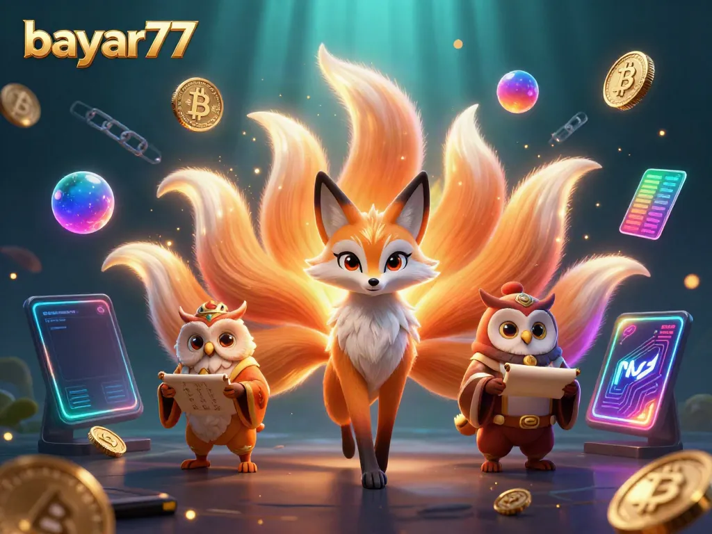 Play exciting games at bayar77 with a vibrant cartoon illustration of mythical creatures and digital elements.