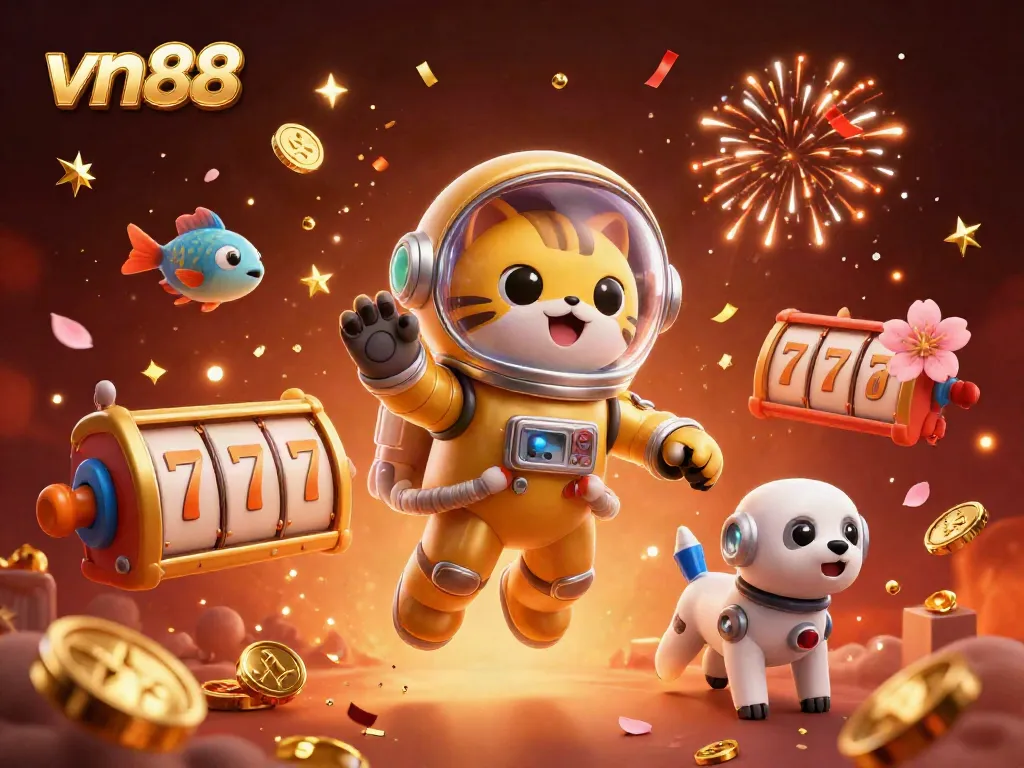 Engage with thrilling slots at vn88 through a dynamic 3D digital casino scene filled with excitement.