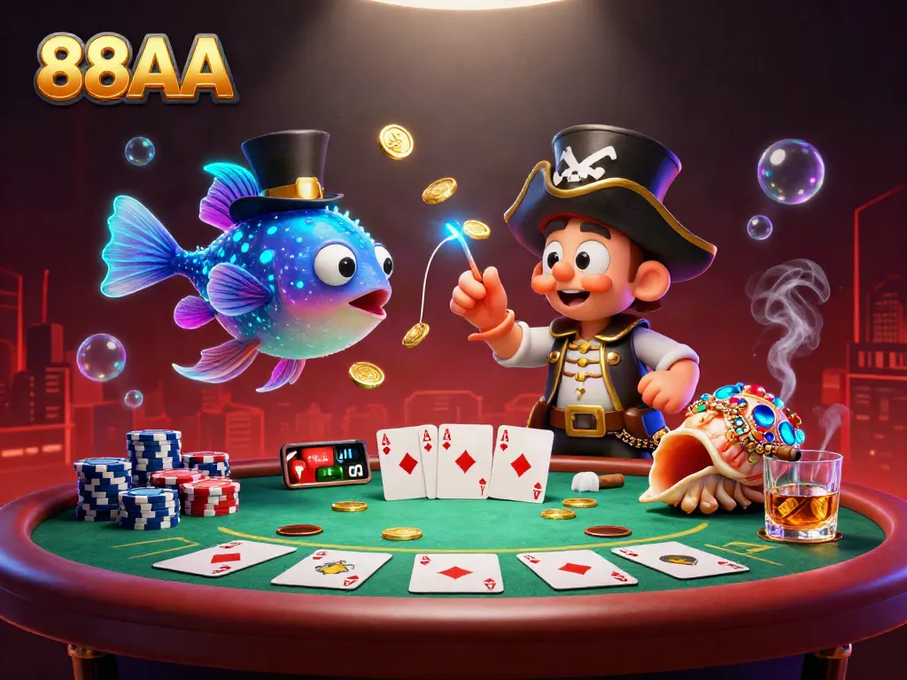 Experience the vibrant world of 88AA with a deep-sea-themed cartoon illustration featuring casino elements.