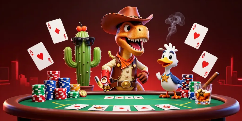 Engage with an exciting illustration showcasing link gacor action in a casino with colorful poker elements.