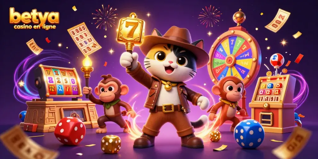 Experience the excitement of betya casino en ligne with a thrilling scene of a cat explorer and treasures.