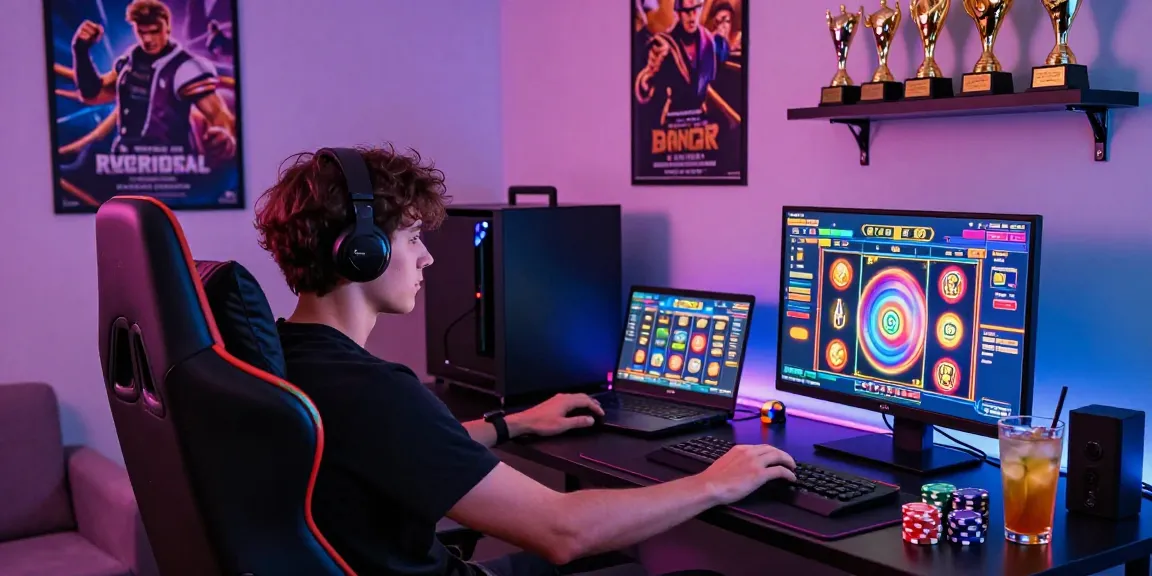 Engaged player enjoying bandar slot games in a vibrant home gaming setup with colorful LED lighting.