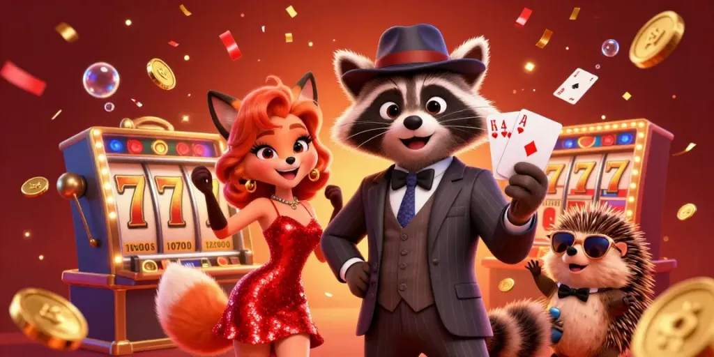 Experience thrilling action with SX88 apk as a suave raccoon holds a royal flush in a colorful casino scene.