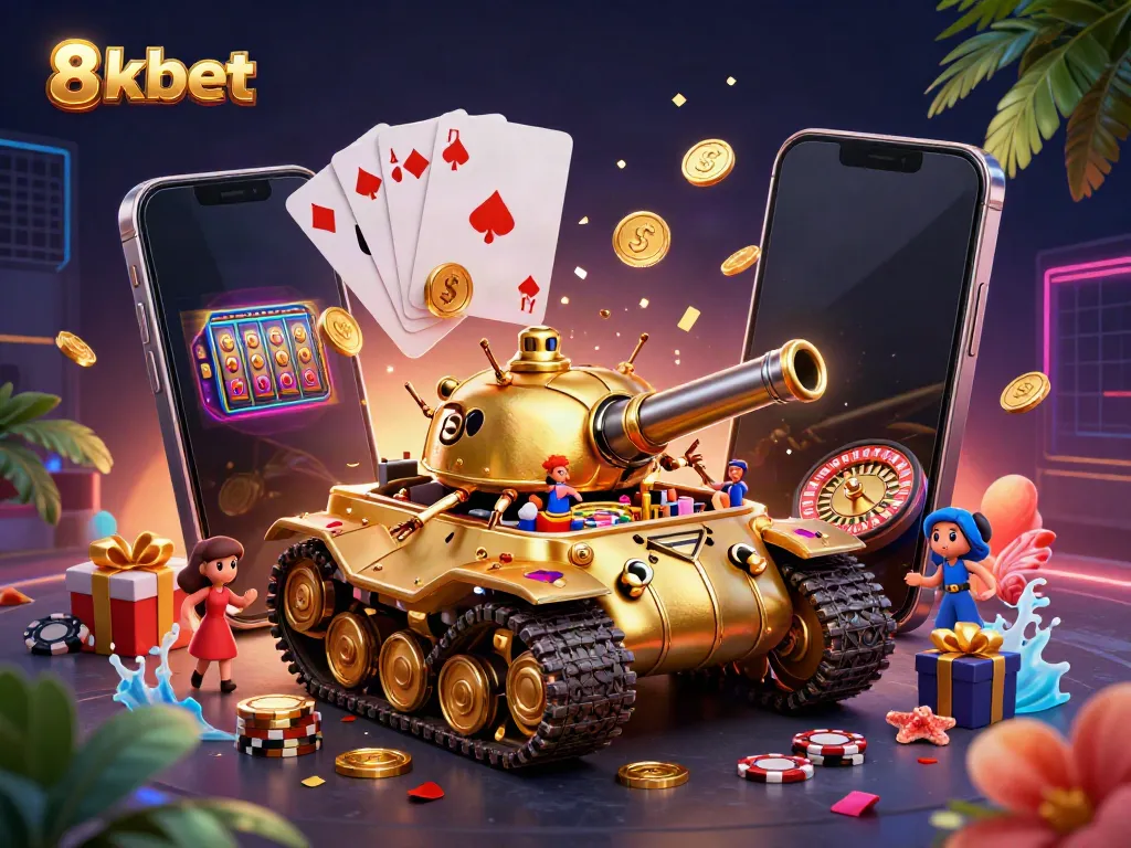 Experience 8xbet's thrilling casino world in a vibrant 3D digital illustration with spectacular gaming elements.