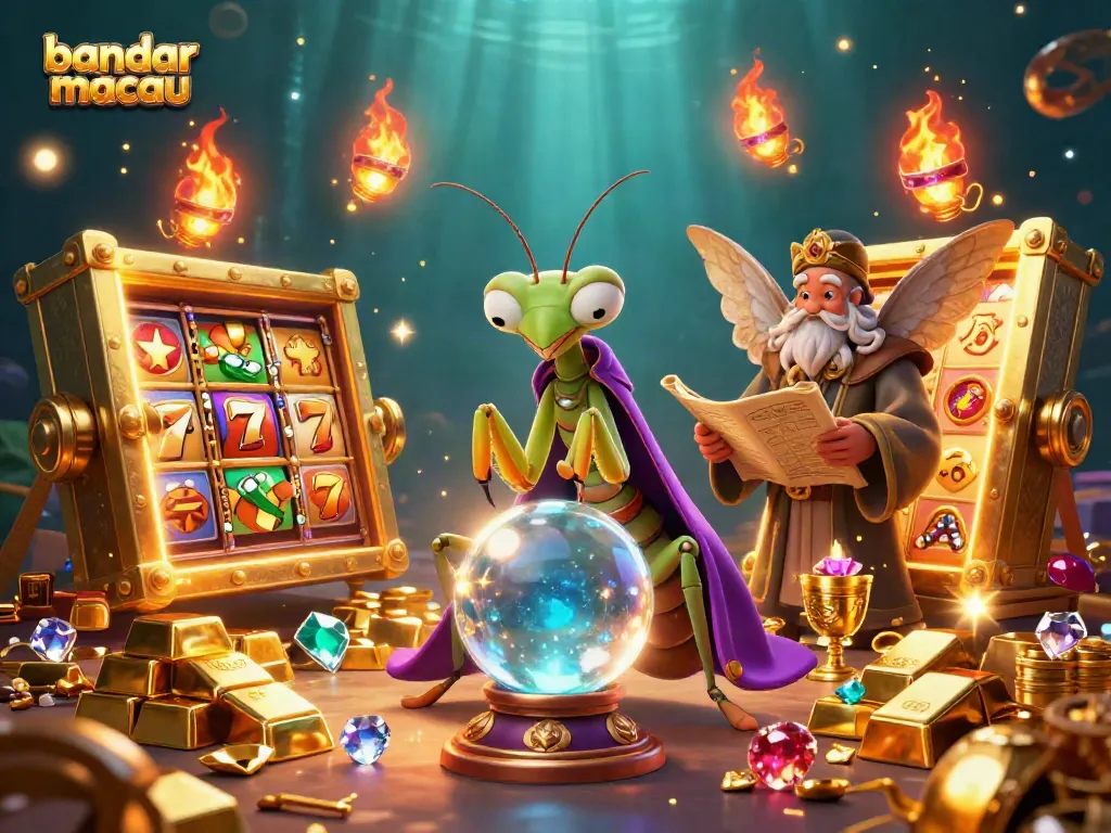 Menangkan jackpot di bandar macau dengan simbol slot berkilau menyebar di antara karakter fantastis.