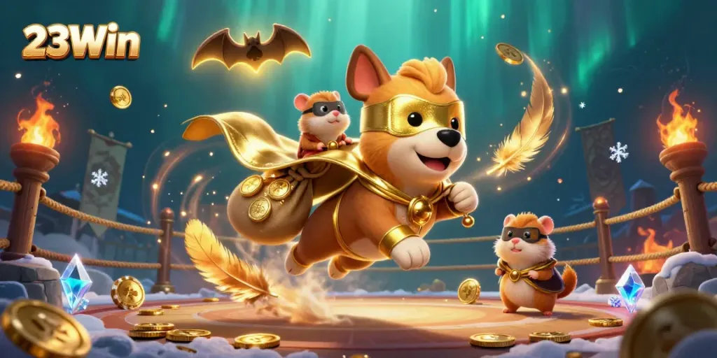 Experience winning moments with 23Win, as a superhero dog and sidekick celebrate casino victories.