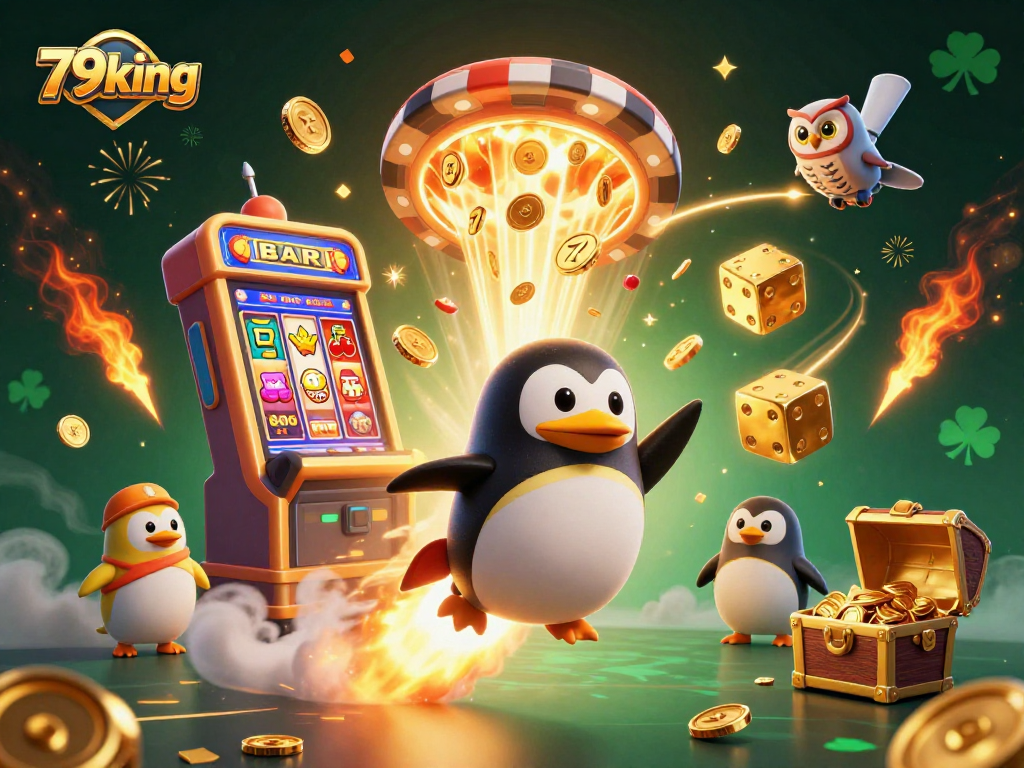 Experience the exciting journey of the 79king penguin among dazzling casino elements.