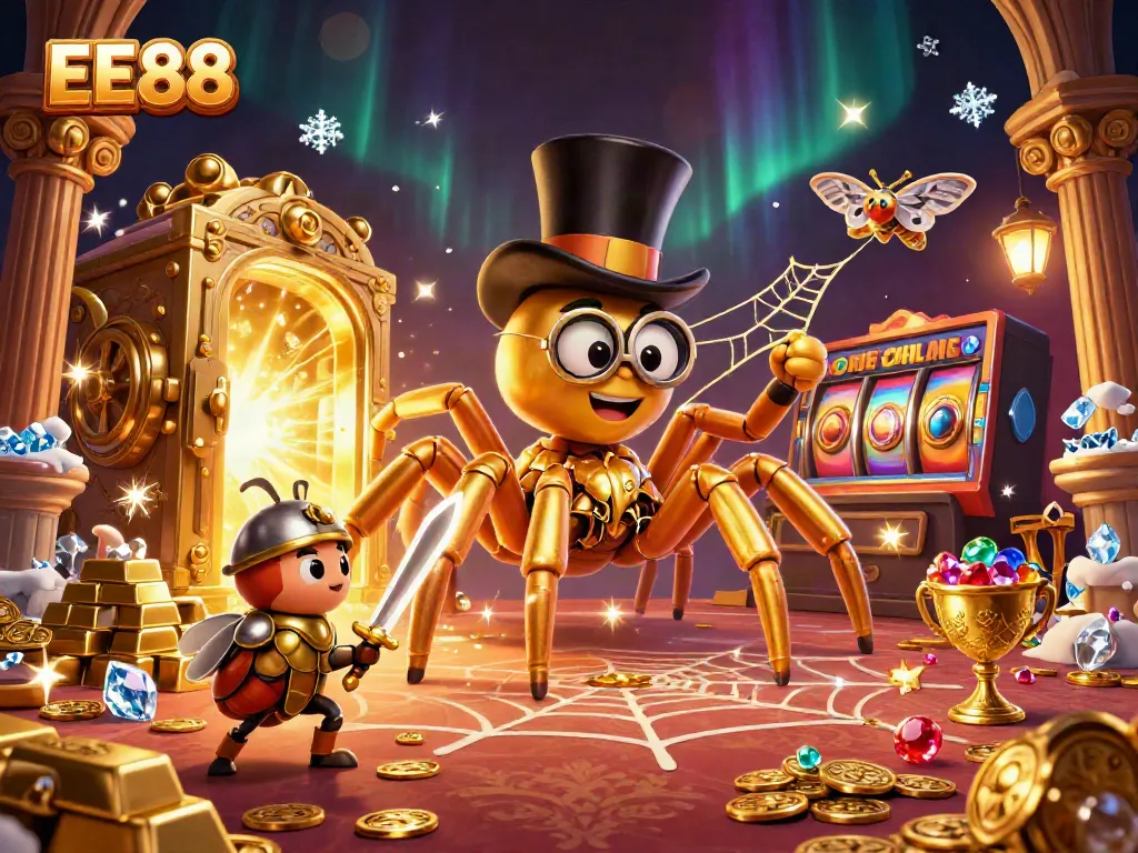 Engage with EE88's vibrant casino scene featuring a giant tarantula, a knight, and dynamic gaming elements.