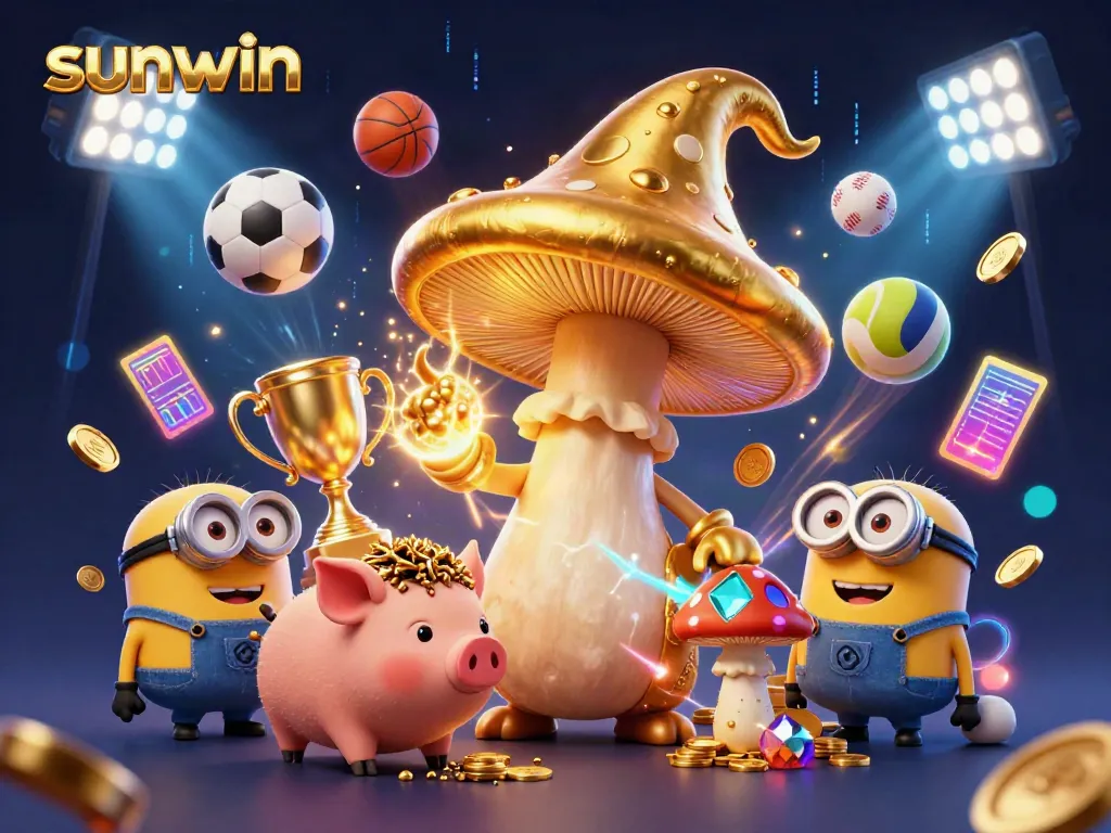 Experience the magic of sunwin with a golden mushroom wizard and treasure-hunting pig amidst dynamic sports betting elements.