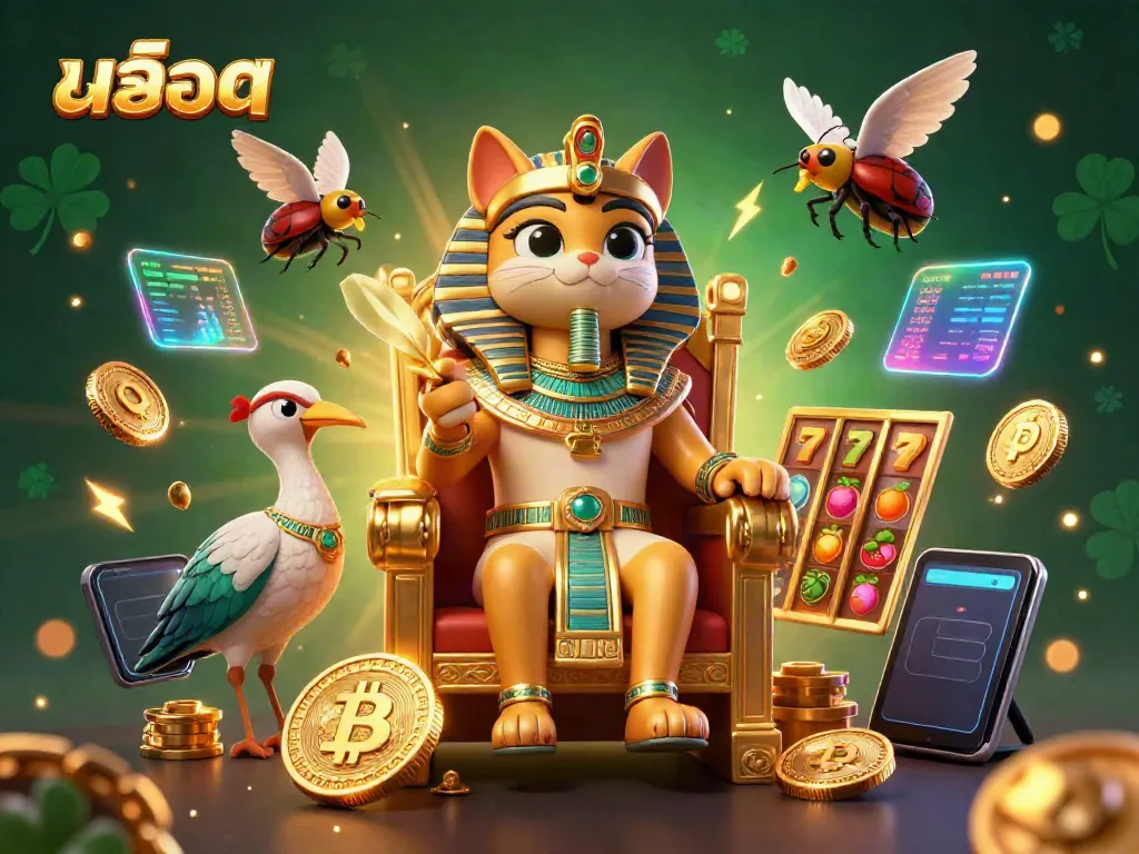 ภาพการ์ตูน 3D ของแมวฟาโรห์นั่งบนบัลลังก์ทองคำที่มีสล็อตและสัญลักษณ์แจ็คพอต