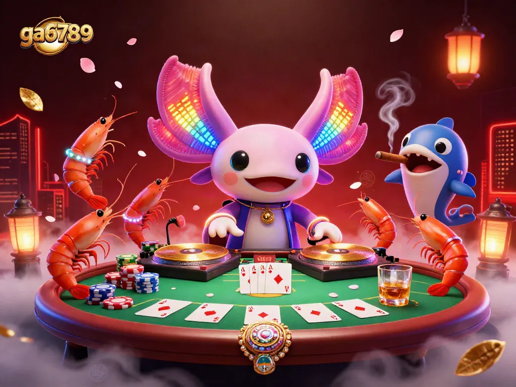 Experience the excitement of ga6789's underwater casino with a neon axolotl DJ spinning golden records.